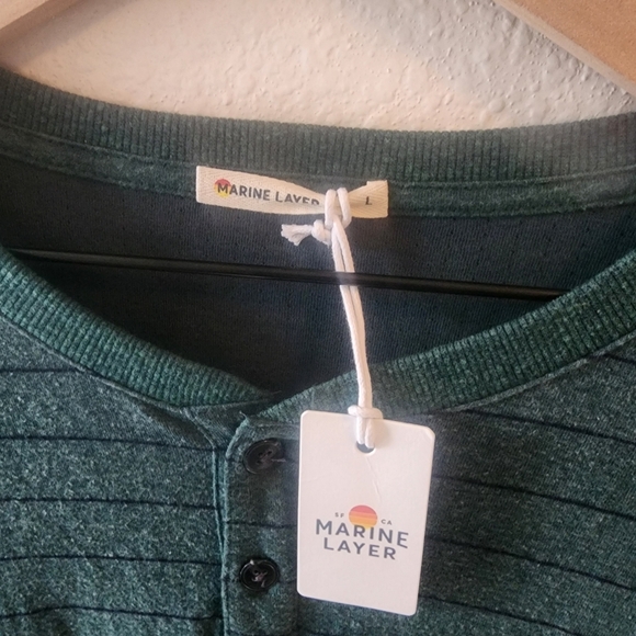 Marine Layer Double Knit Stripe Henley Ponderosa Pine Navy Shirt Mens Large - Picture 3 of 7